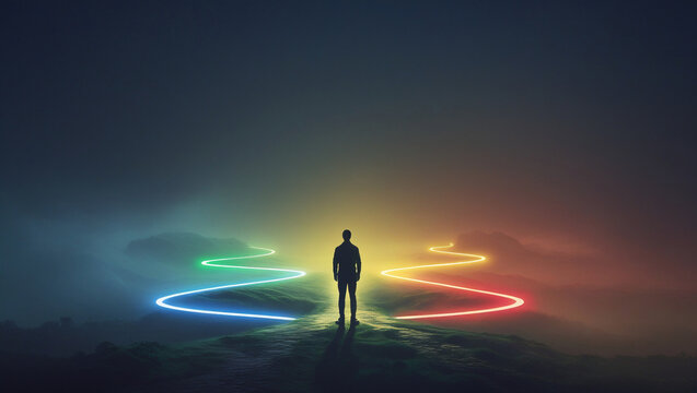 Person at Glowing Fork in the Road Symbolizing Choices