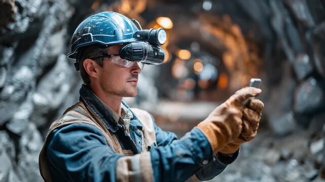 Focused Mining Engineer: A dedicated mining engineer inspects a sample with focused eyes within the depths of a rugged tunnel, emphasizing professional expertise and industrial precision.