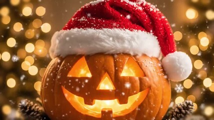 Minimal video of a jack o lantern topped with a Christmas hat sitting in snow for a playful hybrid holiday vignette - Powered by Adobe