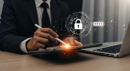 Data security visualization with digital padlock and password, Person using tablet with stylus and visual password protection elements