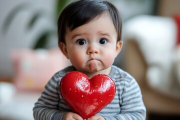 Serious face cute baby boy with big lollipop heart in hands. Valentine's day greeting and funny gift. Valentine's surprise. Red and white decor. Beautiful love. Sweet family love. Happy hugs.