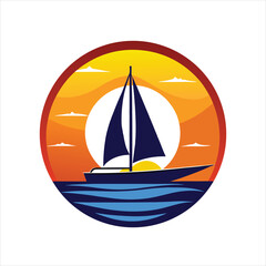 Solitary sailboat glides across calm blue waters under a dramatic orange sunset sky, creating a serene and picturesque maritime scene