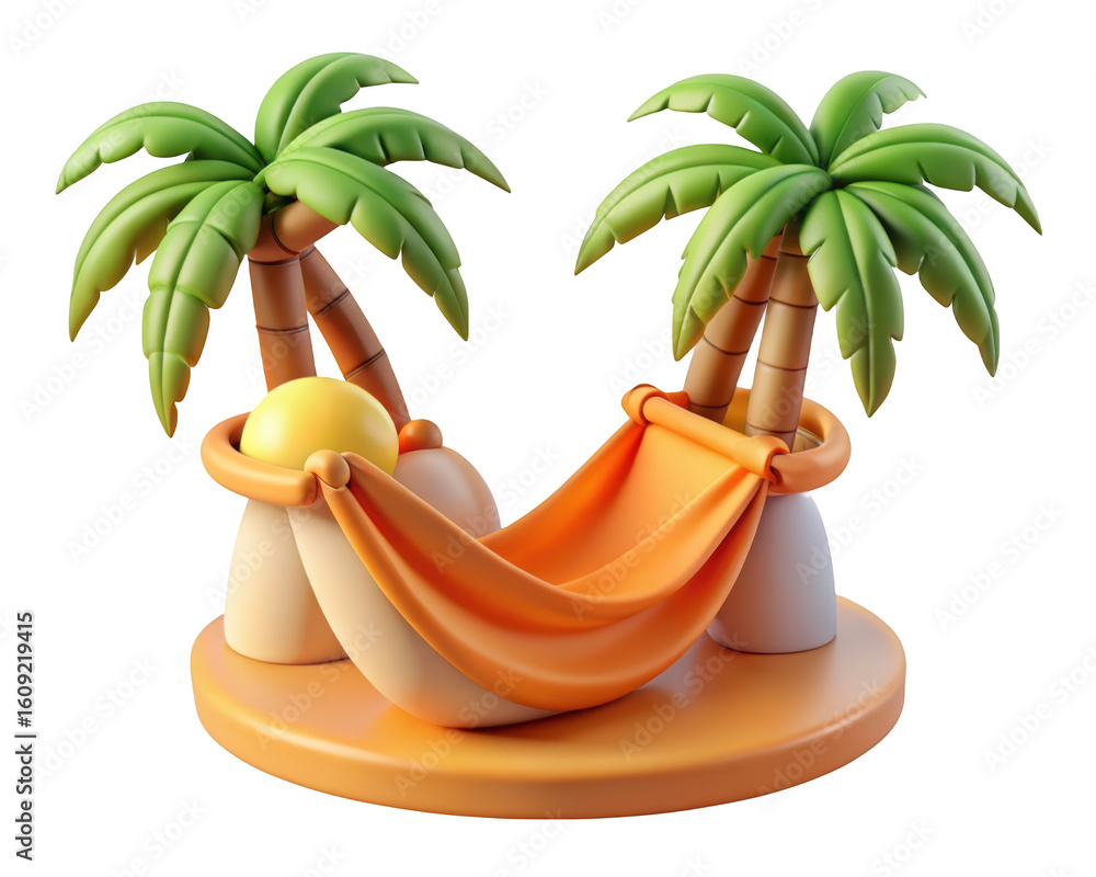 Poster 3d rendering of a tropical island with palm trees and hammock for a summer vacation isolated on perf
