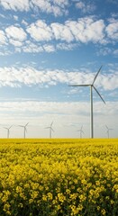 Wind turbines stand amidst a vibrant yellow rapeseed field under a cloudy sky.