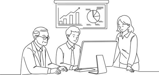 Business Team Analyzing Financial Data on Computer – Office Collaboration, Strategy Planning, Corporate Presentation, and Workplace Productivity Illustration