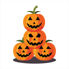 Spooky stack of four carved halloween pumpkins with glowing jackolantern faces, arranged in a pyramid formation on a white background