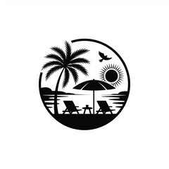 Tropical beach scene with palm tree and lounge chairs