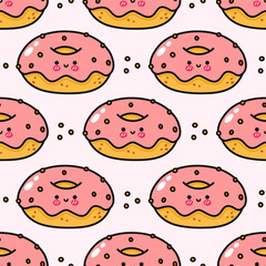 Cute and colorful donut pattern with pink frosting and smiling faces.