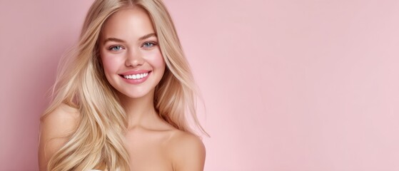 Fototapeta premium The smiling girl with beautiful long hair against a soft pink background.