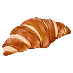 Croissant with golden crust and soft texture, painted in delicate watercolor style with warm, natural tones on white background.