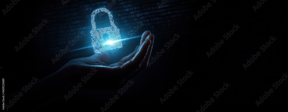 Aufkleber the glowing lock symbolizing digital security and data protection in technology.