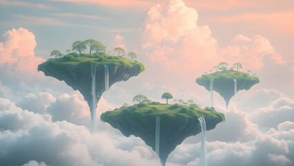 Surreal fantasy landscape of majestic floating islands with waterfalls among soft pastel clouds in a serene, dreamlike sky.