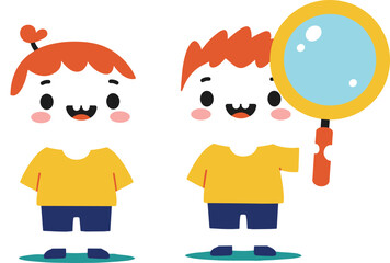 Cute Cartoon Kids Exploring with Magnifying Glass – Adorable Boy and Girl Characters in Fun Outfits, Learning and Discovering Together