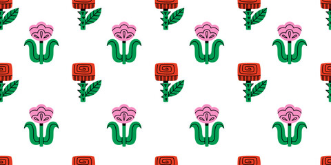 Seamless floral pattern with stylized pink and red fantasy flowers and green leaves on white background. Decorative repeating motif perfect for fabric, wrapping paper, scrapbook, or surface design.