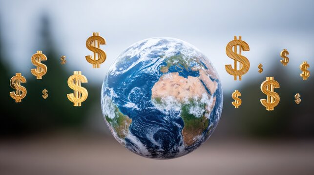 Global Finance and Prosperity: The earth surrounded by dollar signs suggests a world of financial opportunity. This image can symbolize various financial concepts such as globalization, market growth.