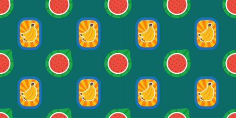 Seamless retro pattern featuring stylized bananas and watermelons fruit stickers on a teal background. Fun design ideal for packaging, textile, wrapping paper, or summer-themed projects.