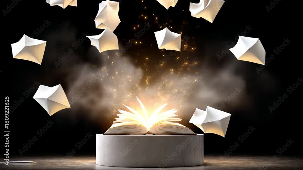 Poster enchanting book of knowledge floating pages and magic glow create imaginative atmosphere of wonder a