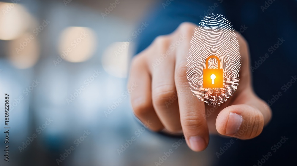 Poster digital security: a close-up of a hand interacts with a glowing fingerprint and lock icon, symbolizi
