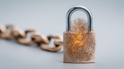 Cyber Security Lock Concept: A conceptual image of a padlock bearing a fingerprint, alongside a chain.