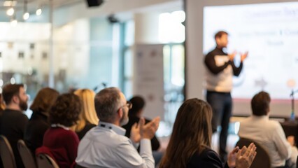 Obraz premium Energetic Startup Pitch with Visual Slides and Audience Applause 
