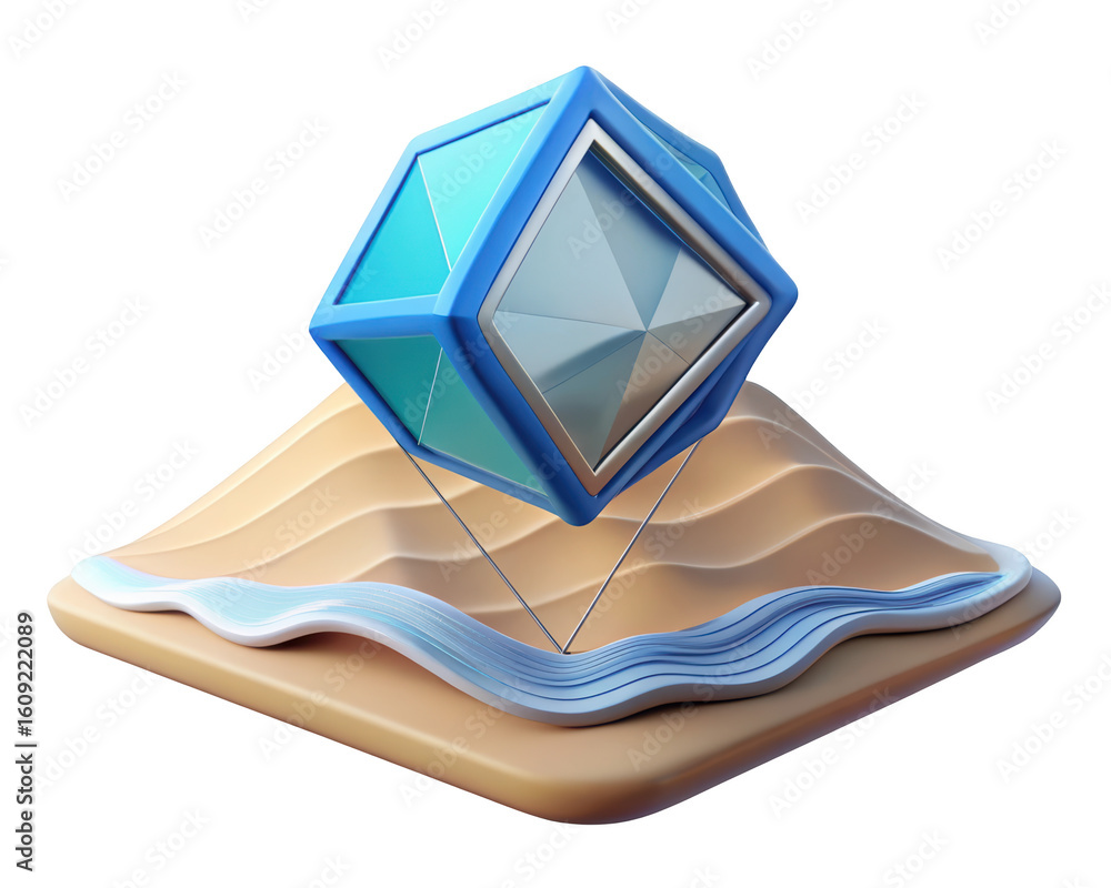 Poster abstract geometric composition with floating cube above earthy landscape with water flow on backgrou