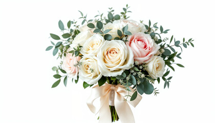 Elegant bridal bouquet of roses, peonies, and eucalyptus on white background.
