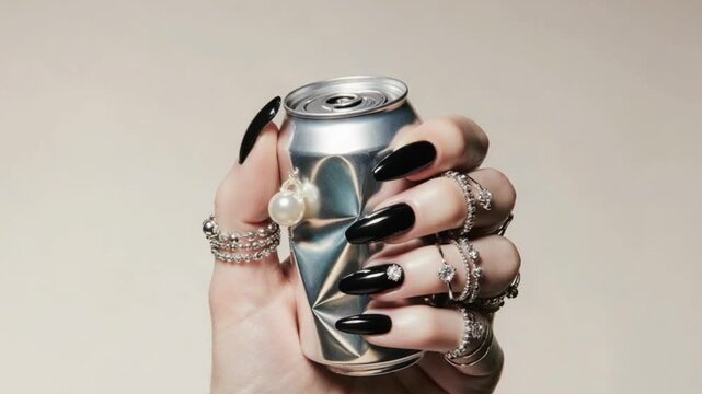 Hand adorned with rings crushing a soda can showcasing dark polished nails