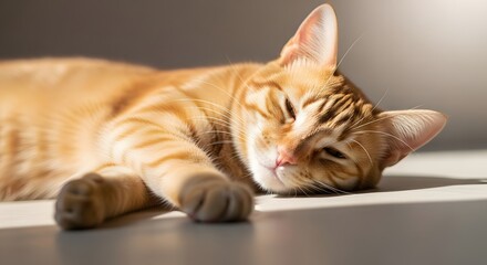 Naklejka premium A ginger cat resting peacefully on a light surface, bathed in soft sunlight.