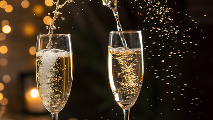 Champagne flutes with splash and bokeh lights