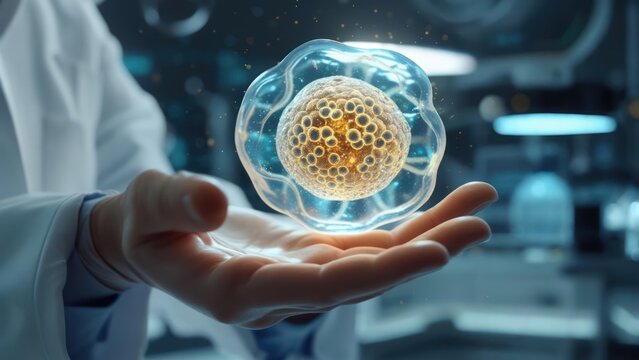Scientist holding a 3D model of a cell - Powered by Adobe