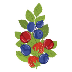 Mixed Berry Branch Vector, Juneberry and Strawberry Illustration, Wild Fruit Botanical 