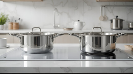 Stainless steel cooking pots on a white induction hob in the kitchen, creating a clean and modern food cooking background.