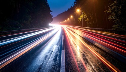 Obraz premium Dynamic city road at night illuminated by vehicle lights long exposure shot