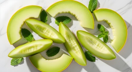 Sliced Honeydew Melon on Marble Surface – Realistic Refreshing Fruit Setup