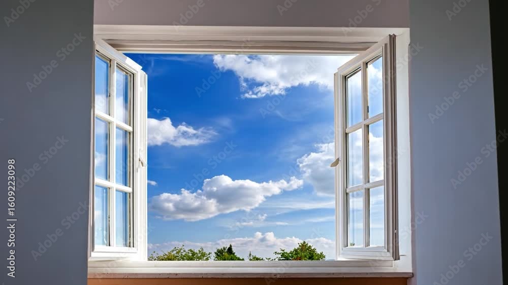 Poster serene and peaceful view of clear blue sky with fluffy clouds through open window, illuminated by su