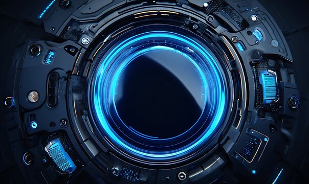 Futuristic portal with glowing neon ring - Powered by Adobe