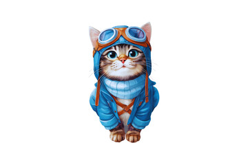 Fototapeta premium A charming cartoon kitten wears a blue aviator hat with goggles and a warm blue jacket sitting upright isolate
