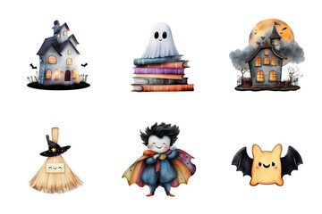 Six whimsical Halloween illustrations featuring a cute ghost vampire bat haunted houses and witch's broom isolate