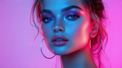 Obraz premium Model Showcasing Bold Makeup With Vibrant Lighting During a Creative Photoshoot in a Studio