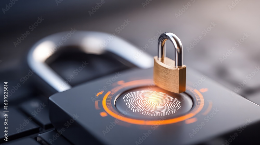 Poster data security fortress: a close-up shot of a padlock and fingerprint sensor against a keyboard, conv