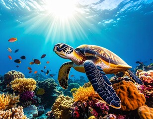 Fototapeta premium Green sea turtle glides gracefully through clear blue tropical ocean water over a vibrant coral reef