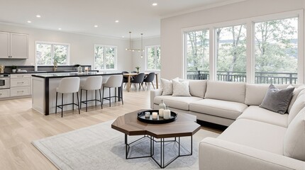 Fototapeta premium Bright open-plan living space with modern kitchen and comfortable seating area.