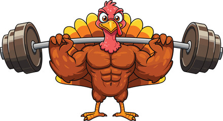 Strong Muscular Cartoon Turkey Lifting Weights – Funny Thanksgiving Fitness Mascot for Holiday Gym Promotions, Posters, and Active Lifestyle Designs