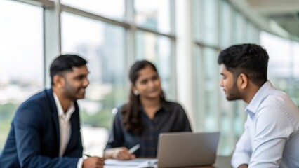 Obraz premium Blurred Indian Team Discussing Sales Strategy in Modern Office 