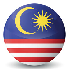 Fototapeta premium Glass light ball with flag of Malaysia. Round sphere, template icon. Malaysian islands national symbol. Glossy realistic ball, 3D abstract vector illustration. Big bubble.