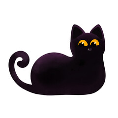 Illustration of a lying black cat with glowing eyes. Hand drawn in a whimsical watercolor style, perfect for Halloween and fall designs.