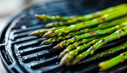 Bright green grilled asparagus with char marks on a black grill pan.
