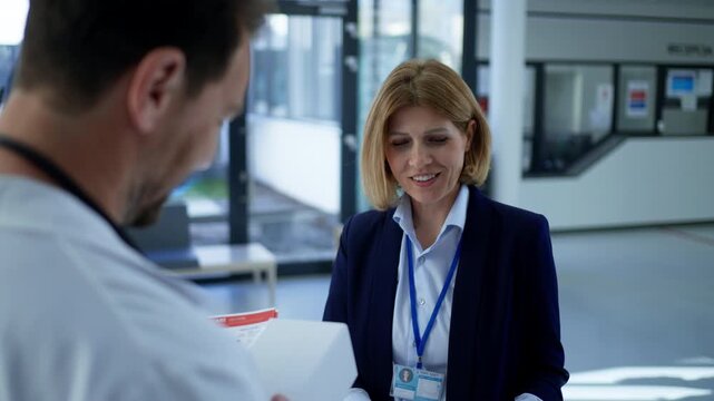 Female medical sales representative presenting medication to doctor