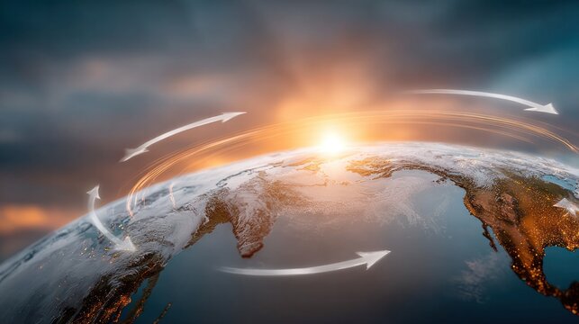 Global Connection: The photograph captures the essence of interconnectedness, as the Earth is encircled by arrows representing ideas, data, and communication around the planet.