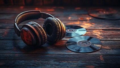Warm-lit headphones and classic compact discs on rustic wood. Timeless music, audio enjoyment, immersive soundscapes for personal relaxation.